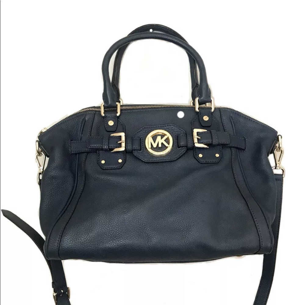 Michael Kors Women’s Navy Blue Leather Satchel Handbag With Crossbody Strap